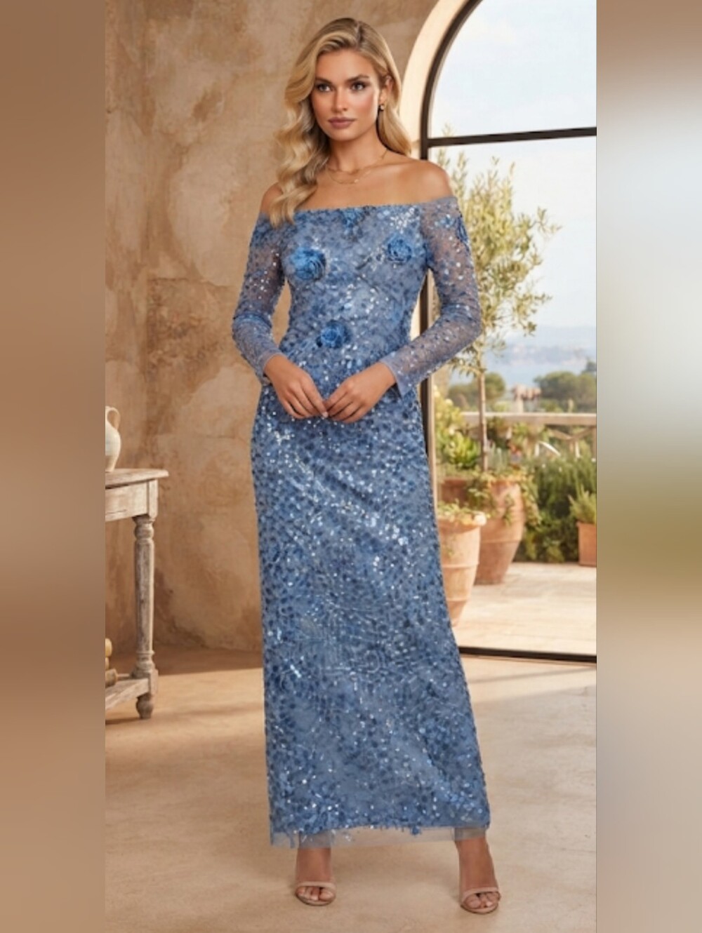 Adrianna Papell Off-Shoulder Sequin Lace Gown in Dusty Blue